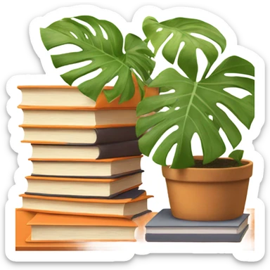 An aesthetically pleasing stack of books with orange covers and behind them a potted monstera  sticker
