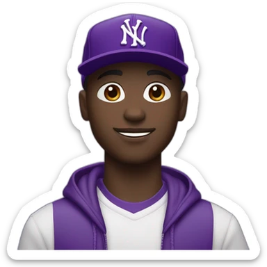 Young, dark-skinned guy in violet attire, wearing a violet NY cap and rocking violet Jordan 4s. 🟣🧢👟 sticker