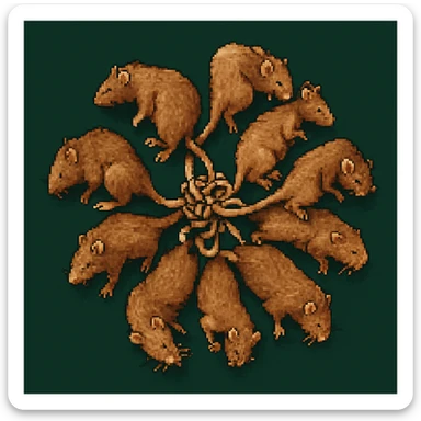 Create a pixel art version of a rat king, showing a realistic cluster of rats with their tails tangled in the center. Emphasize the circular arrangement and detail of the tails. The style should mimic pixel art as closely as possible. sticker