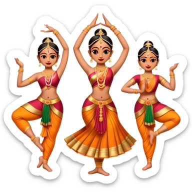 Cinematic Realistic Bharatanatyam Dance Emoji, depicted as an elegant classical Indian dance performance with graceful poses, intricate costumes, and expressive hand gestures, rendered with rich textures and warm dramatic lighting that captures its timeless beauty. sticker