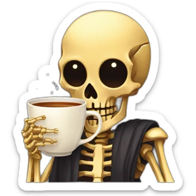 a golden skeleton with hair and golden eyes drinking tea pixel art sticker