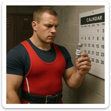 European powerlifter in competition clothing holding a short detection doping vial, consulting a calendar for timing, reserved atmosphere, realistic details, locker room background sticker