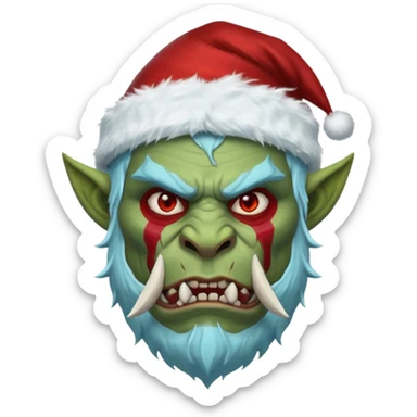 Fantasy orc portrait emoji, Santa Claus hat adapted for orc head with tusks, icy blue and deep red frost war paint on face, brutal winter warrior mood, strong facial features, minimal tribal design, clean high readability emoji style, male/female variant
 sticker