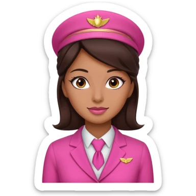 Flight attendant with pink outfit tan skin dark brown hair pretty makeup sticker