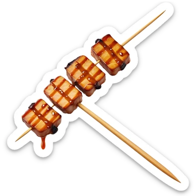 Cinematic Realistic Satay Dish Emoji, depicted as skewered, marinated meat grilled to perfection rendered with rich, smoky textures and dynamic, appetizing lighting. sticker
