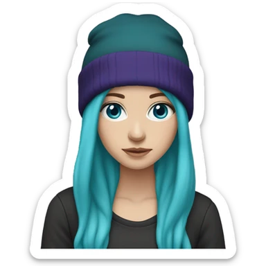 White girl, blue eyes, long teal hair, purple beanie hat, black hoodie sticker