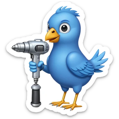A blue Twitter bird holding a large drill sticker
