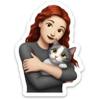 Realistic white girl dark red hair hugs grey cat sticker