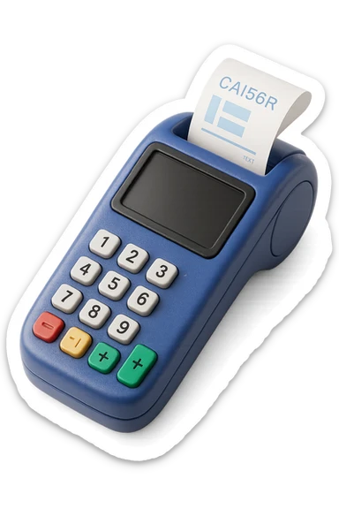 Make the payment terminal look modern and up-to-date in skeuomorphism style with no background. The style should reflect realistic textures and subtle shadows typical of skeuomorphism, emphasizing a polished and tactile appearance with a transparent background. sticker