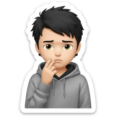 generate a pretty fair bratz boy with black messy hair looking sad with one hand on chin.  Wearing a grey hoodie sticker