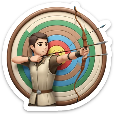 An archer pulling back a bowstring, aiming at a target in the distance. The target features concentric rings, and the scene conveys focus and precision. The background captures the essence of an outdoor archery range, highlighting skill and concentration in the sport. sticker