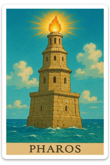 A three-tiered ancient tower named Pharos with a squared base, octagonal middle, and cylindrical top. The tower has a stone texture with slight cracks and wear, showing its ancient but not ruined state. Each level has small windows or arches. At the top, there is a glowing fire or torch with gold/yellow and orange rays. The base of the tower is surrounded by blue waves lapping at it. The color palette consists of sandstone (beige/tan) for the tower, turquoise/blue for the sea, and warm gold for the fire. The style should be vibrant and detailed, capturing the essence of an ancient beacon by the sea. sticker
