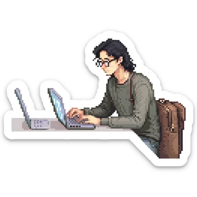 Guy with 3 inch long black hair and glasses on his laptop sticker