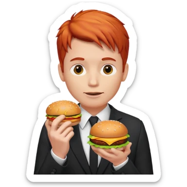 red haired male wearing suit eating hamburger sticker