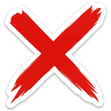cross as a marker for "no" in text, torn brush stroke style, same thickness and style as the checkmark, eastern calligraphy, red color, no background, 512x512px sticker