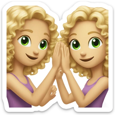 Curly haired girl with green eyes high fiving a blonde haired girl with green eyes sticker