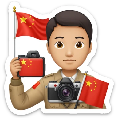 A Chinese man with a Chinese flag and a camera sticker