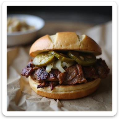 smoked beef brisket, served with pickles and onions, rustic style, vibrant, no text sticker