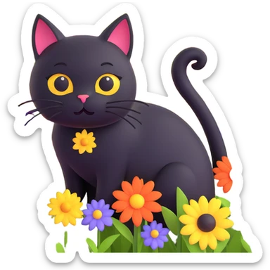 A black cat with a flower on its head in a field of flowers sticker