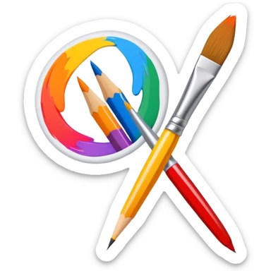 icon for Illustration hobbie, paintbrush and pencil under colurfull poster, simple lines, minimalistic style, transparent background. sticker