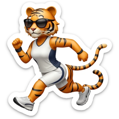 female energetic anthropomorphised tiger in sports clothes, wearing dark sunglasses, walking upright, dynamic pose sticker