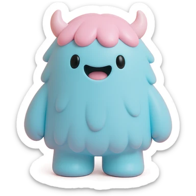 fluffy monster with long fur, tiny horns, cheerful expression, light blue and pink colors sticker