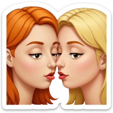 portrait two women nose-touch then kiss, one eye open teasing sticker