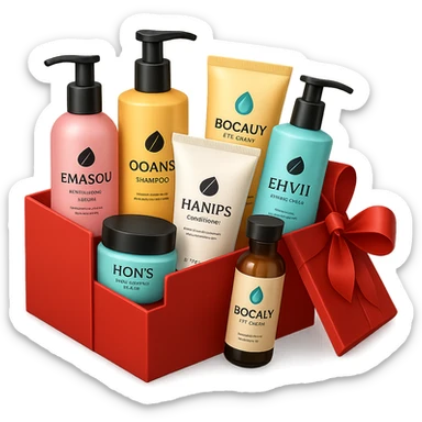 emoji of Gift box with beauty products (shampoo, creams, styling products), a gift box is beautyful open box full of luxury brand-labeled beauty products, with no background sticker
