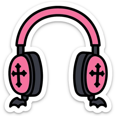 pink gothic headphones with black outlines, pink and black gothic accents, color outline style sticker