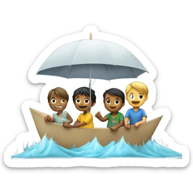 3 kids with a umbrella playing with a paper ship in the rain sticker