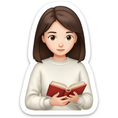brunette girl in a white sweater reading a book in her hands sticker