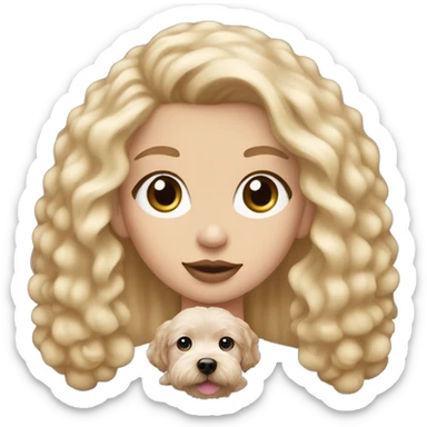 Blonde girl with long straight hair with blue eyes with pink lips holding a brown maltipoo sticker