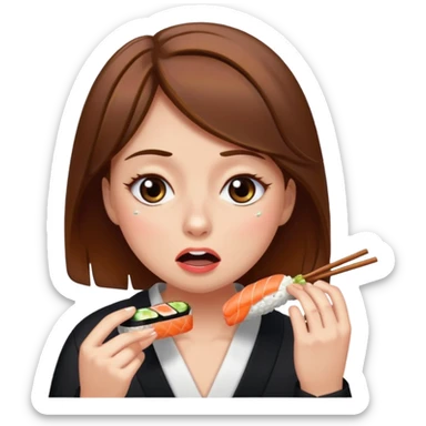 Brown hair girl eating sushi crying funny sticker