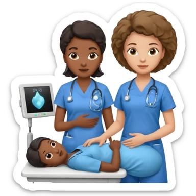 black female doctor and caucasian ultrasound technician without white coat performing a fetal ultrasound  sticker