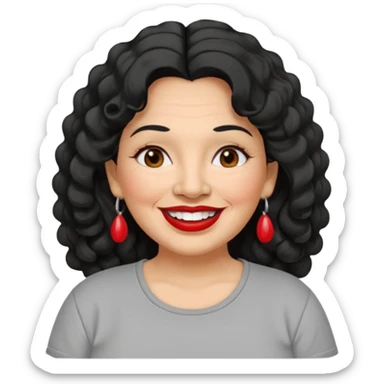 60 yr old Mexican woman, slightly chubby, wavy/curly long black hair, red lipstick, big smile, white teeth, brown eyes, hoop earings, side part to hair, round face, grey t shirt, hair side swept, big hoop earing sticker