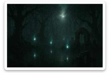 dark, mysterious swamp with will-o'-the-wisps, gothic fantasy style sticker
