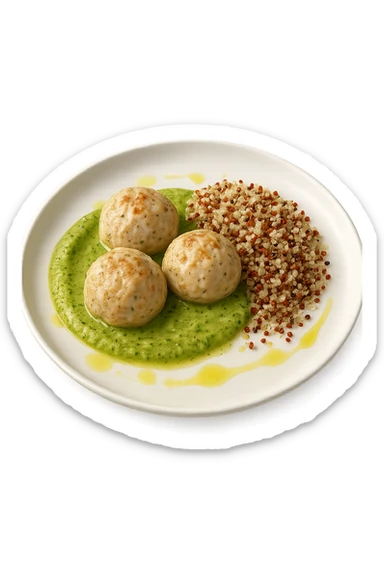 polpette di tacchino, purè di zucchine, quinoa e olio di oliva, iperrealistico 4k sticker