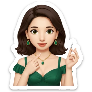 pretty bratz genmoji that looks like tamannah bhatia (bollywood actress), wearing a dark green sweetheart neckline top, dark brown hair, light makeup, no necklace, dangly earrings, side hair part, fair. dark brown eyes


Show her licking her finger  sticker