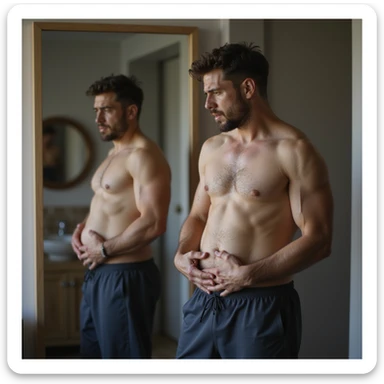30-year-old man in sportswear looking at himself in the mirror with a frustrated expression, touching his belly, domestic environment, hyperrealistic details, 4K resolution sticker