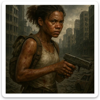 Add a city ruins background behind the African American masculine girl in zombie apocalypse style. She has a scar, wears a white tank top, a backpack, and carries a gun. Preserve all character details. The style should reflect a zombie apocalypse atmosphere. sticker