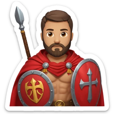 An emoji portrait of a Spartan warrior. He has a determined expression and a beard. He wears a red cloak and holds a shield with a lambda symbol. sticker