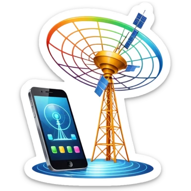 An icon featuring a satellite dish, a cell tower emitting signals, and a smartphone displaying a chat interface. The design includes fiber-optic cables and data waves, symbolizing global communication, connectivity, and information exchange. Transparent background. sticker