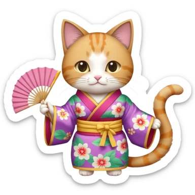 A cat in kimono-style outfit, opening a floral fan with gentle poise. sticker
