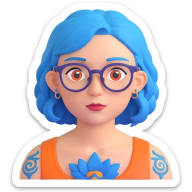 person with blue hair, glasses, and a tattoo sticker