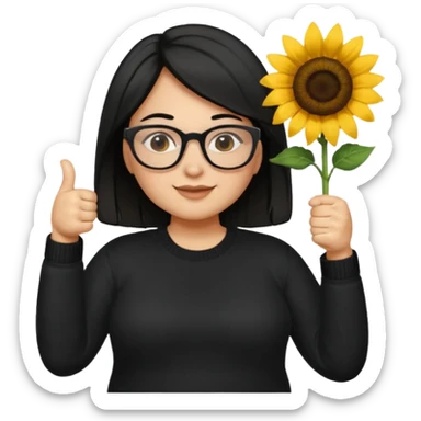 Make my biology teacher shes light brown, wears glasses, female, fat, all black sweater down and sunflower shirt under and make her give 1 thumbs up and she has black hair and chubby sticker