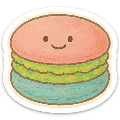 colorful macaron, Japanese pastel hand-drawn sticker style, full object, transparent background, with a gentle smile sticker