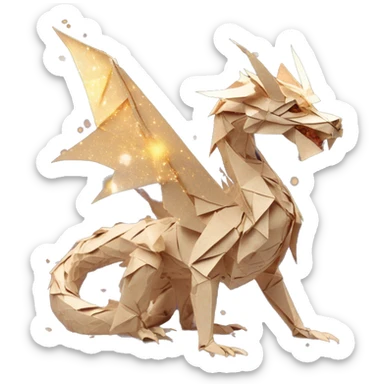 Sparkling patterned Beige Origami dragon with made of newspapers intricate patterns surrounded by fairy lights nebula galaxy stars swirls iridescent on fire covered in dried flowers sticker