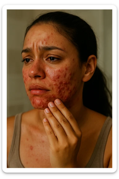 A highly realistic, cinematic portrait of a young woman in her late 20s with medium skin tone, showing visibly inflamed, deep cystic acne along her jawline, cheeks, and chin. Her skin appears red and irritated around the acne nodules, with noticeable swelling and tenderness, illustrating the painful nature of cystic acne linked to PCOS. Her facial expression shows discomfort and emotional distress, with slightly teary eyes as she gently touches an inflamed area on her jawline with her fingertips. Her hair is pulled back to clearly show the acne areas, and her skin has a slightly oily texture due to androgen-related sebum overproduction. The environment is a softly lit bathroom with neutral daylight, emphasizing the skin texture, redness, and deep acne. The style is realistic, 35mm cinematic photography with warm, neutral tones, soft shadows, and clear skin detail, providing a compassionate yet direct visualization of PCOS-related cystic acne sticker