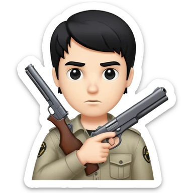 Beautiful white boy with black eyes and black hair and gun in his hand sticker
