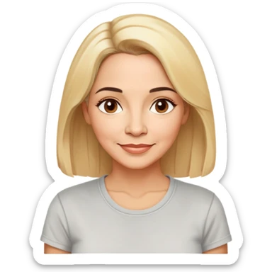 Puerto Rican actress Linette Torres in her 50s with warm light skin, sweet loving expression, gentle kind eyes, well-defined eyebrows, straight nose, warm nurturing smile, shoulder-length blonde hair, wearing a comfortable casual t-shirt sticker